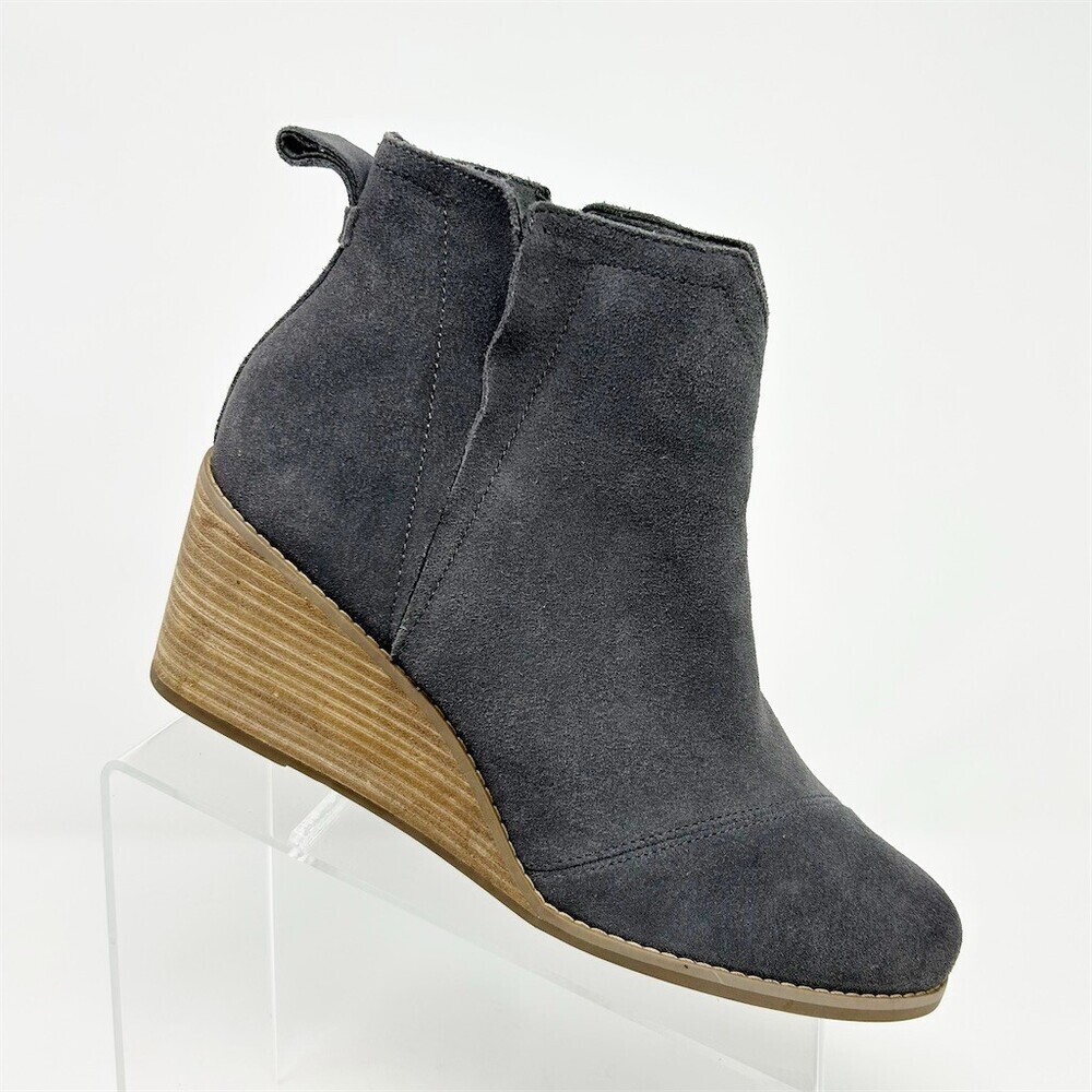 TOMS Clare Wedge Bootie Womens Dark Gray Suede Ankle Boots Side Zip Size 10